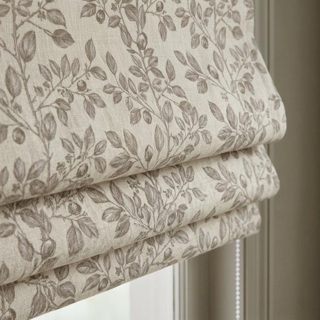 Taupe Botanical Berry Linen Roman Shade, Custom Corded Roman Blind, Neutral Floral Vine Window Shade, Blackout or Lined