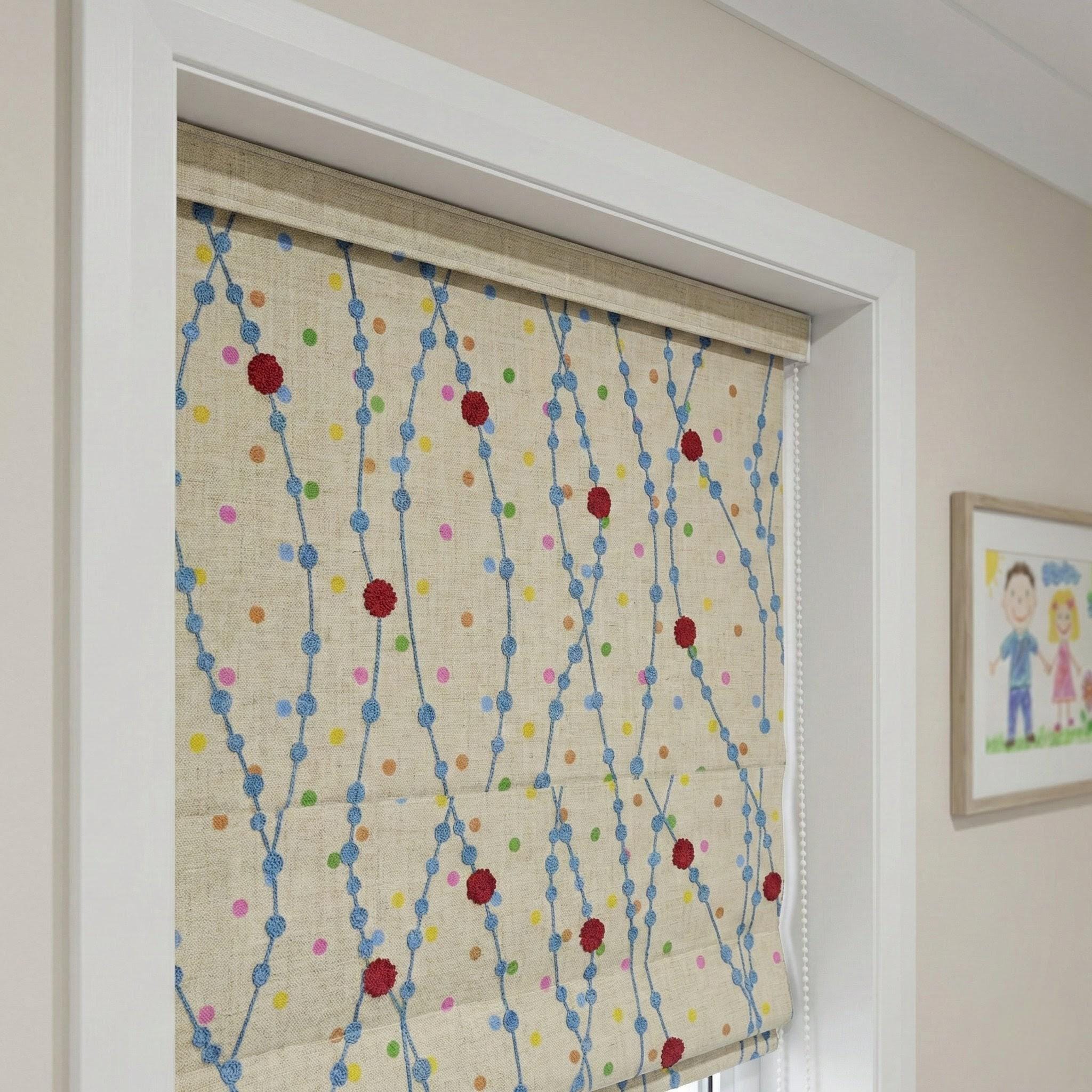 Handmade Linen Roman Shade, Blue Vine & Confetti Dot Embroidery, Nursery Blind