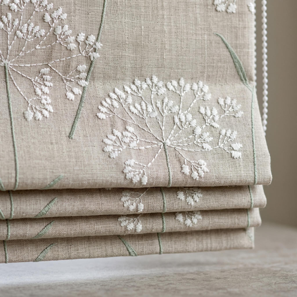 Beige Ivory Wildflower Embroidered Linen Roman Shade, Custom Blackout or Cotton Lined Corded Window Blind, Sage Floral