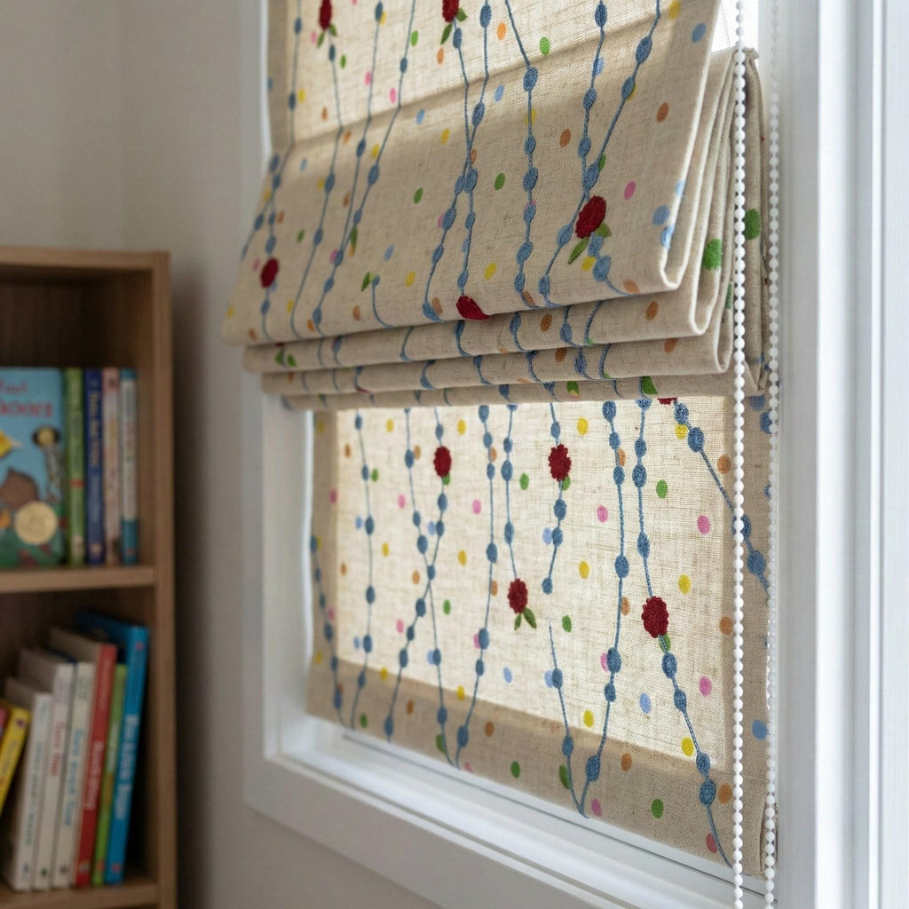 Handmade Linen Roman Shade, Blue Vine & Confetti Dot Embroidery, Nursery Blind