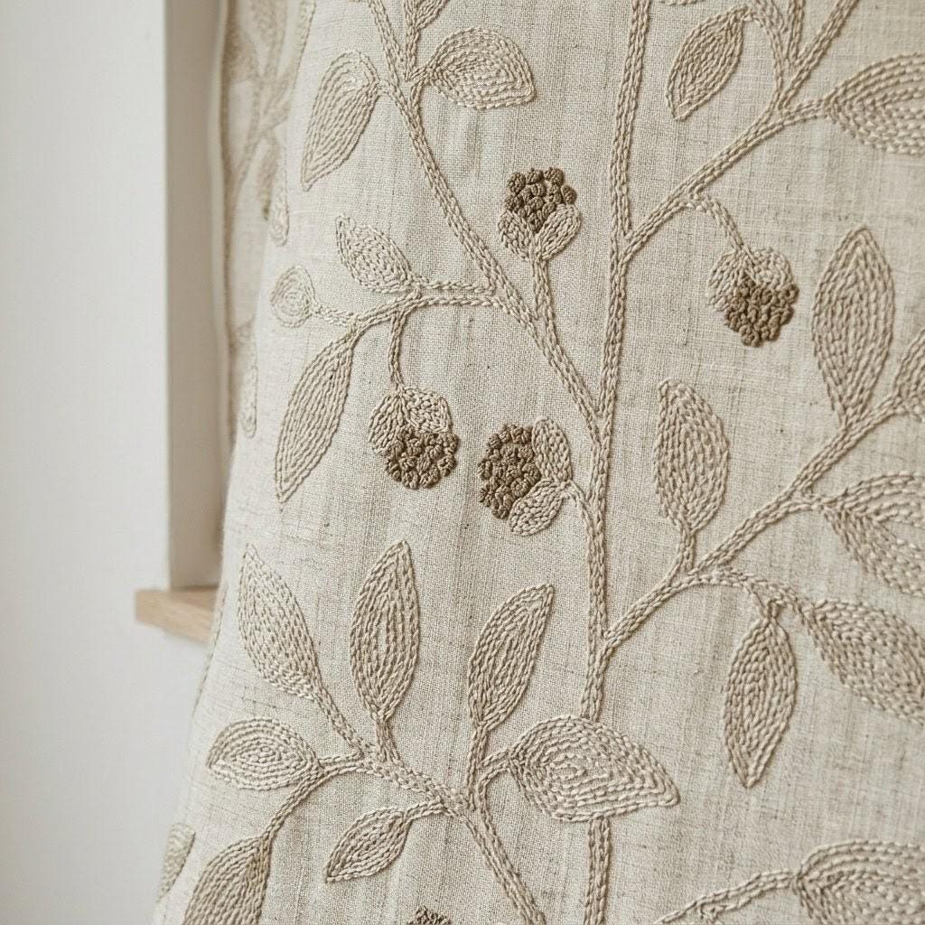 Natural Beige Embroidered Linen Roman Shade, Botanical Vine Custom Corded Blind, Blackout or Cotton Lined