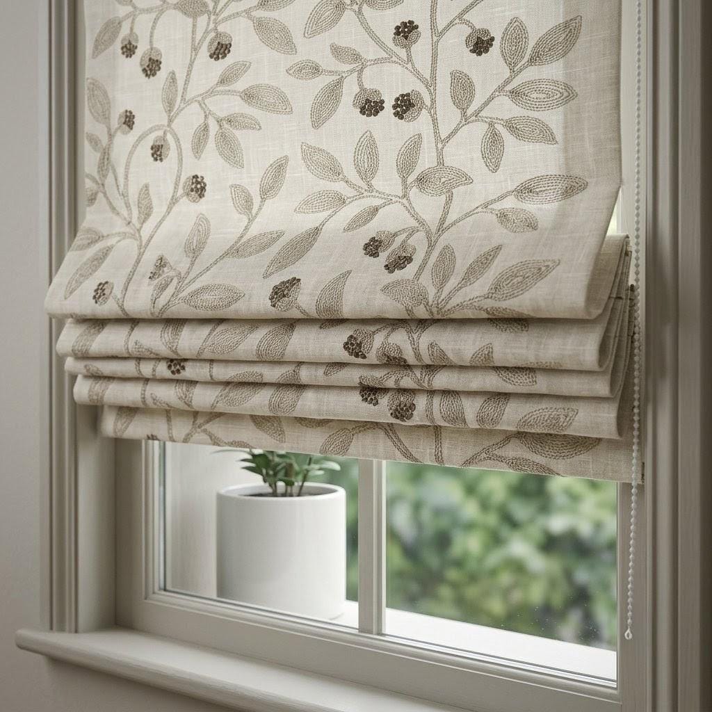 Natural Beige Embroidered Linen Roman Shade, Botanical Vine Custom Corded Blind, Blackout or Cotton Lined