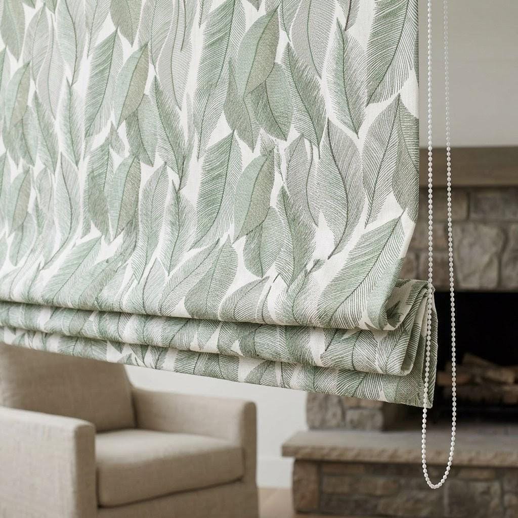 Embroidered Green Botanical Leaf Linen Roman Shade, Custom Corded Window Blind (Blackout Option)