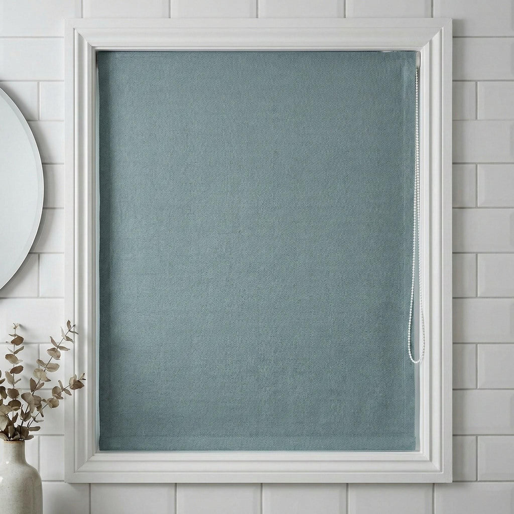 Dusty Blue Linen Roman Shade, Herringbone Corded Blind, Custom Size