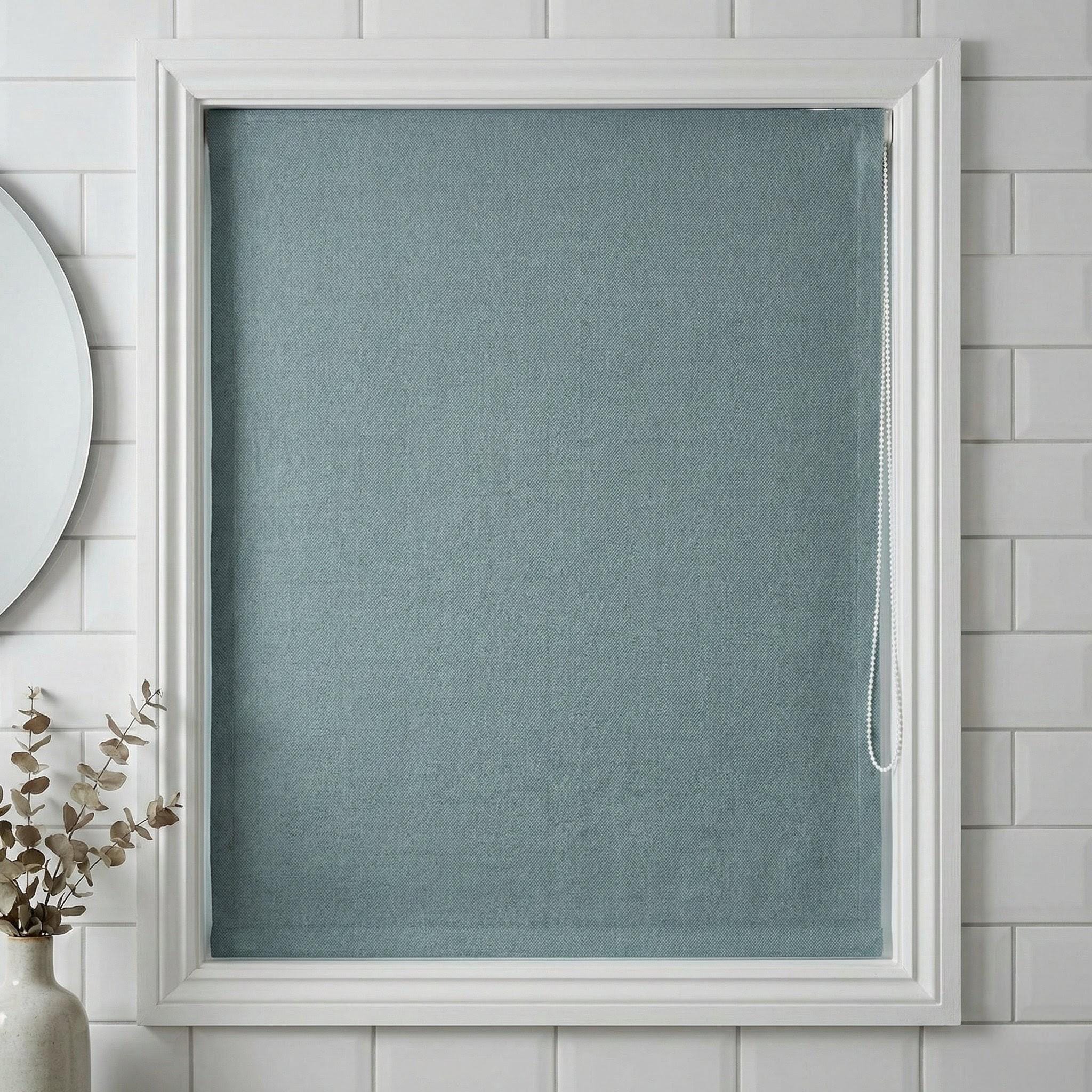 Dusty Blue Linen Roman Shade, Herringbone Corded Blind, Custom Size