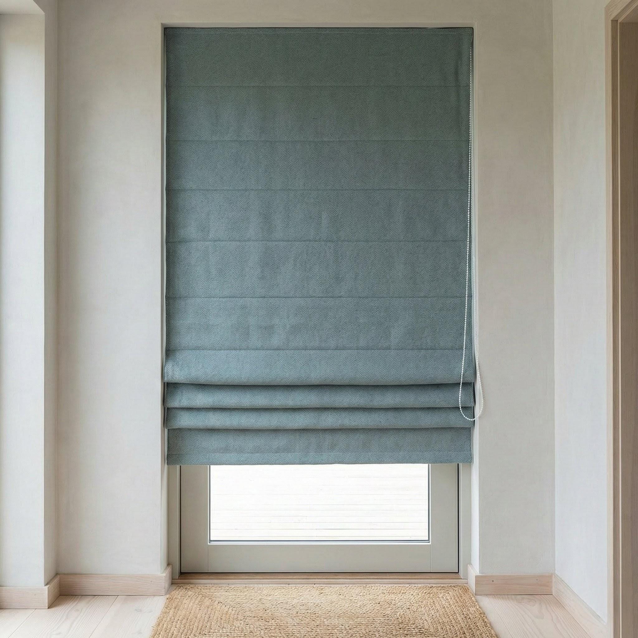Dusty Blue Linen Roman Shade, Herringbone Corded Blind, Custom Size