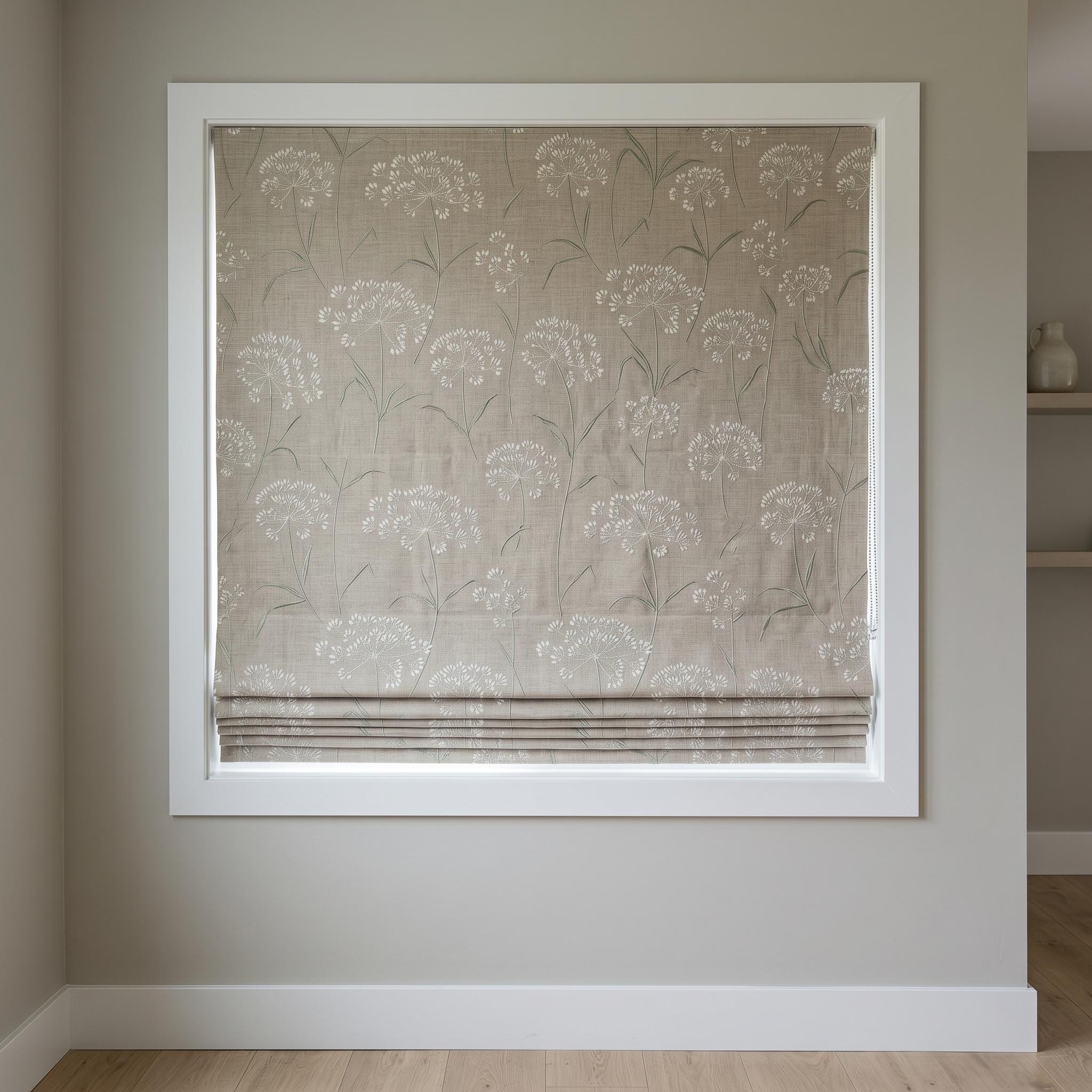 Beige Ivory Wildflower Embroidered Linen Roman Shade, Custom Blackout or Cotton Lined Corded Window Blind, Sage Floral