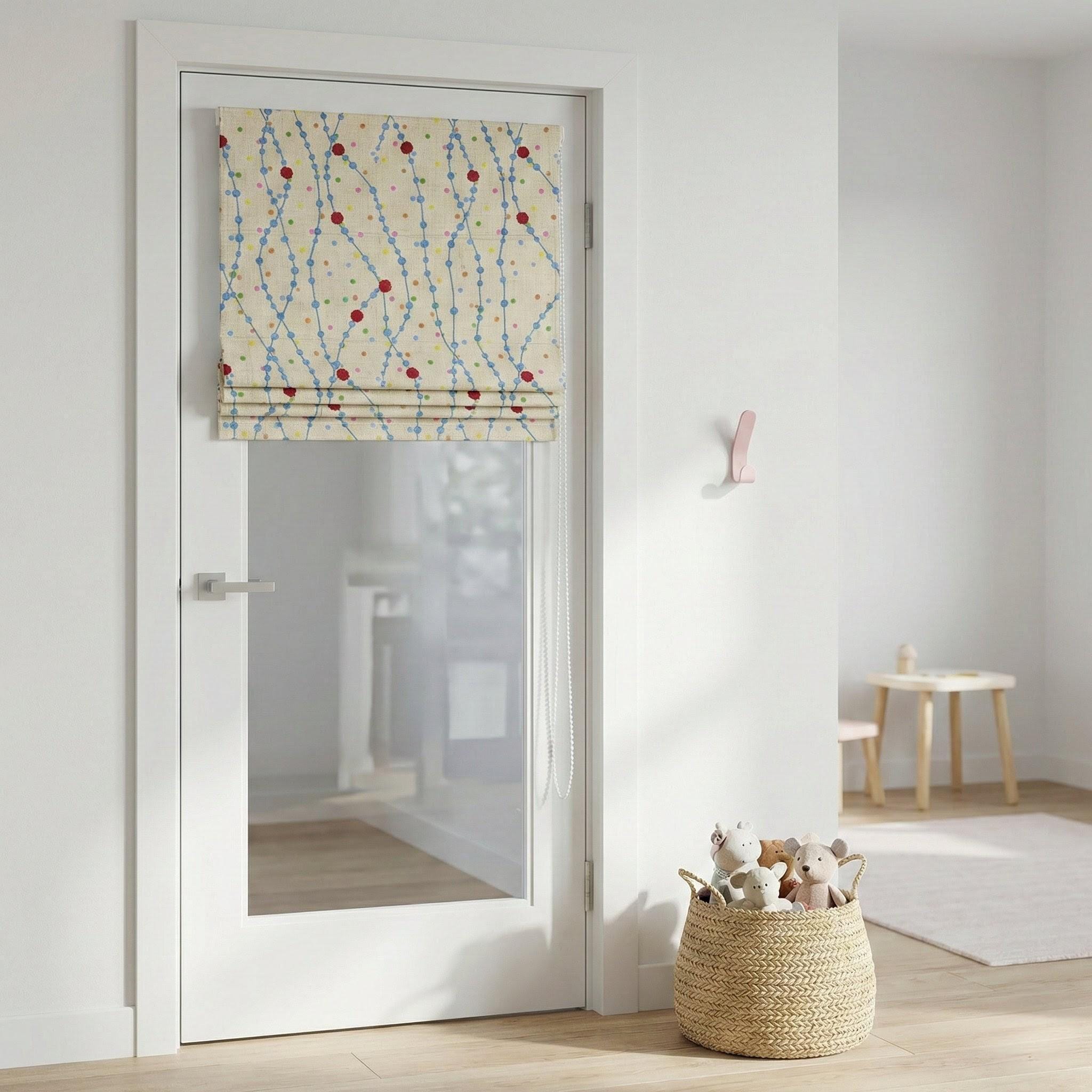 Handmade Linen Roman Shade, Blue Vine & Confetti Dot Embroidery, Nursery Blind
