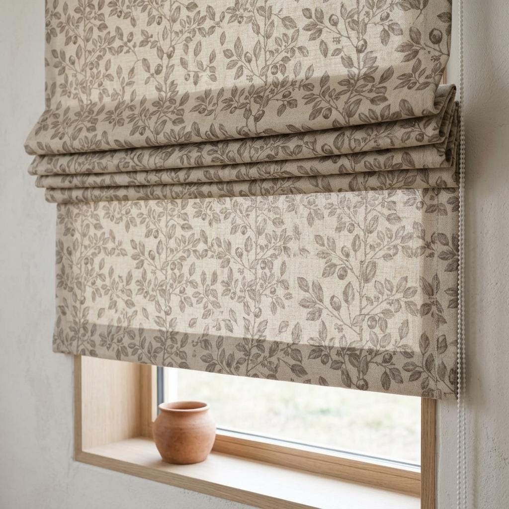 Taupe Botanical Berry Linen Roman Shade, Custom Corded Roman Blind, Neutral Floral Vine Window Shade, Blackout or Lined