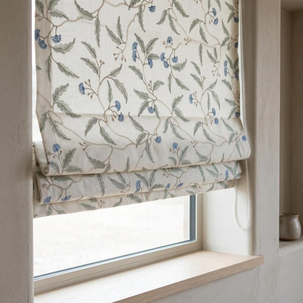 Blue Floral Embroidered Linen Roman Shade, Ivory Botanical Blind, Sage Leaf Vine Custom Roman Blind, Blackout or Light Filter