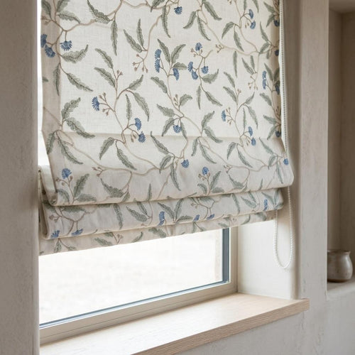 Blue Floral Embroidered Linen Roman Shade, Ivory Botanical Blind, Sage Leaf Vine Custom Roman Blind, Blackout or Light Filter
