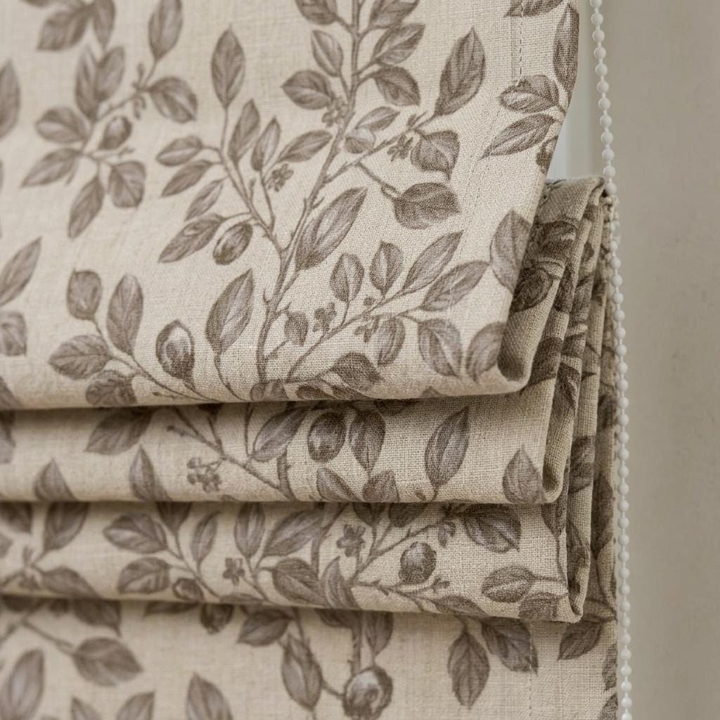 Taupe Botanical Berry Linen Roman Shade, Custom Corded Roman Blind, Neutral Floral Vine Window Shade, Blackout or Lined