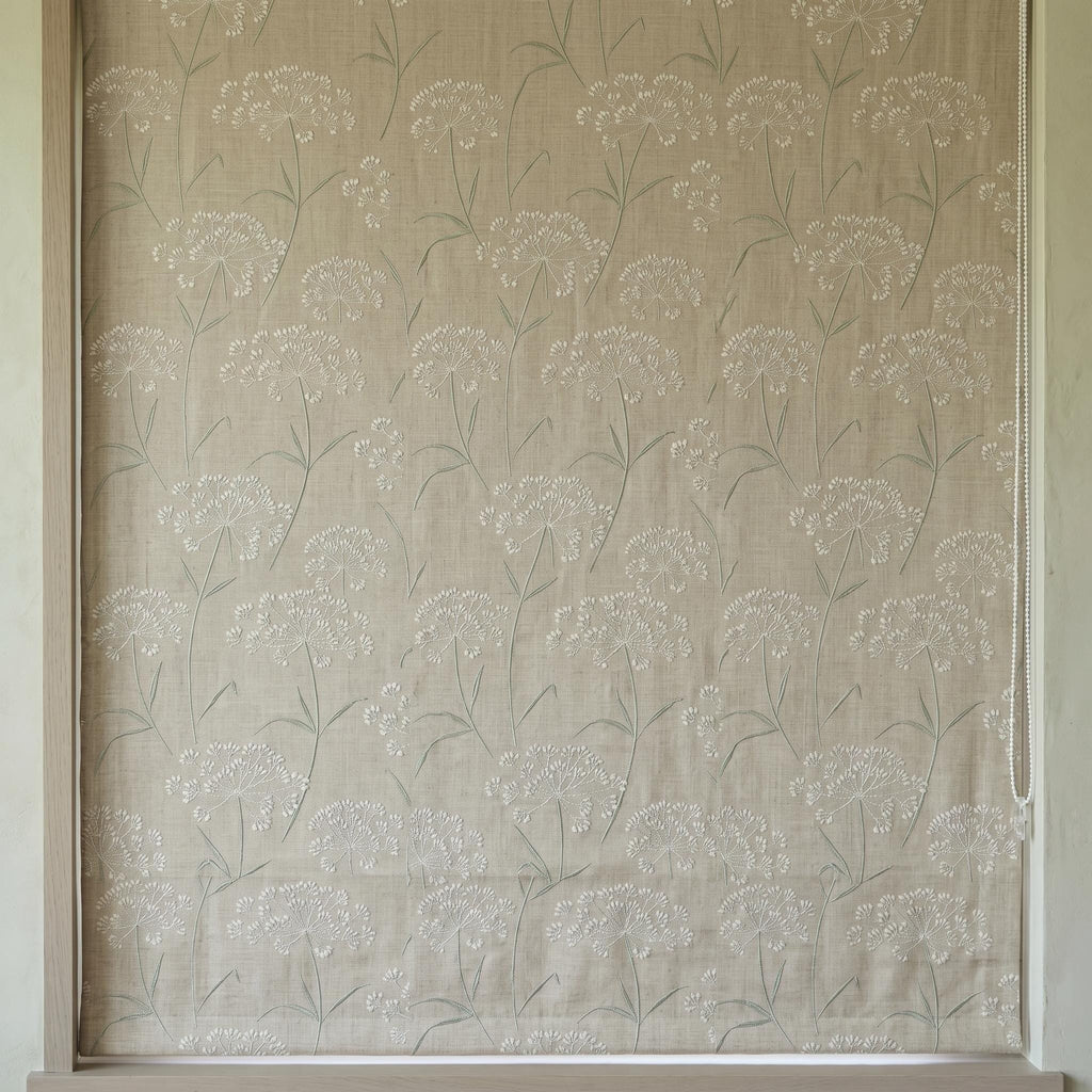 Beige Ivory Wildflower Embroidered Linen Roman Shade, Custom Blackout or Cotton Lined Corded Window Blind, Sage Floral