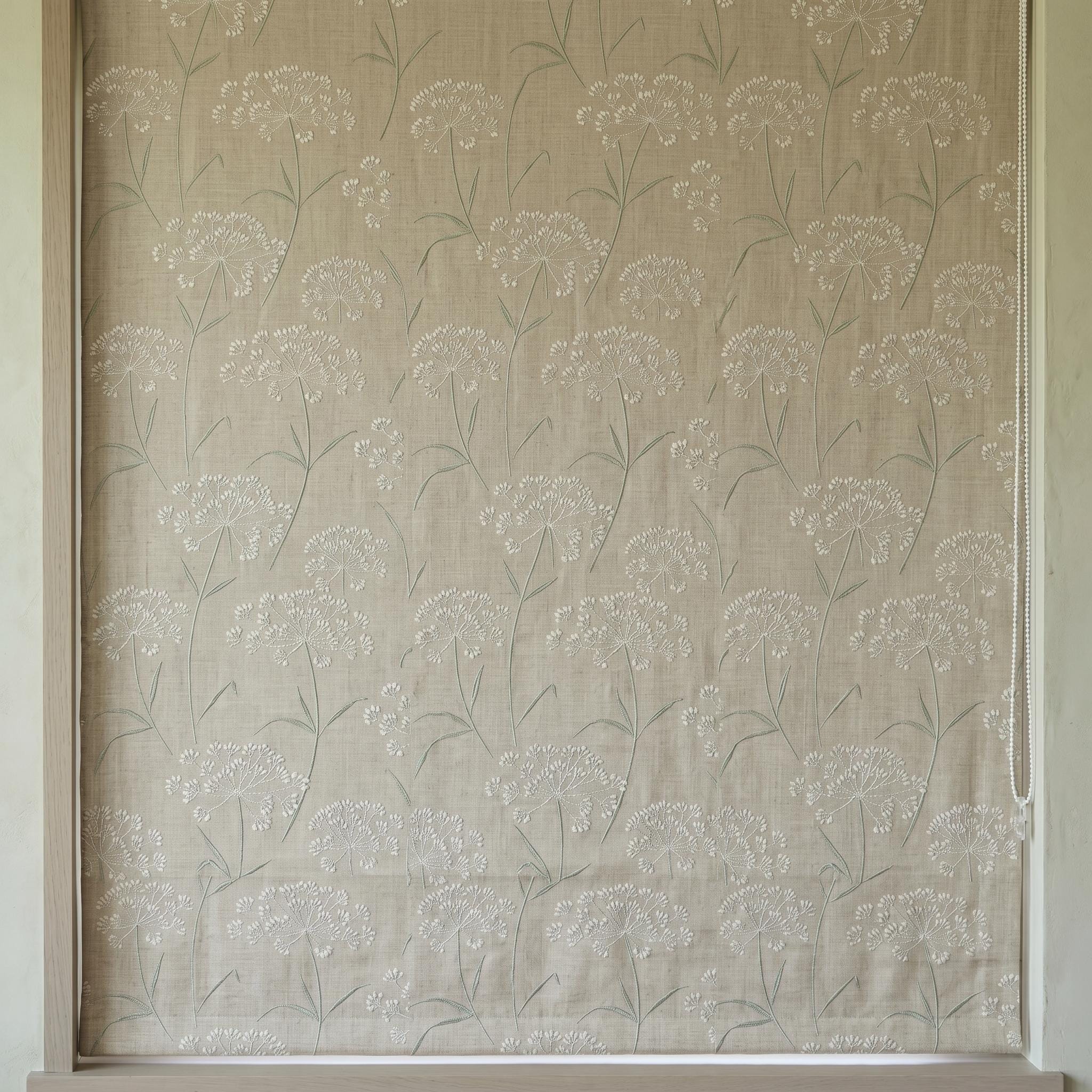 Beige Ivory Wildflower Embroidered Linen Roman Shade, Custom Blackout or Cotton Lined Corded Window Blind, Sage Floral