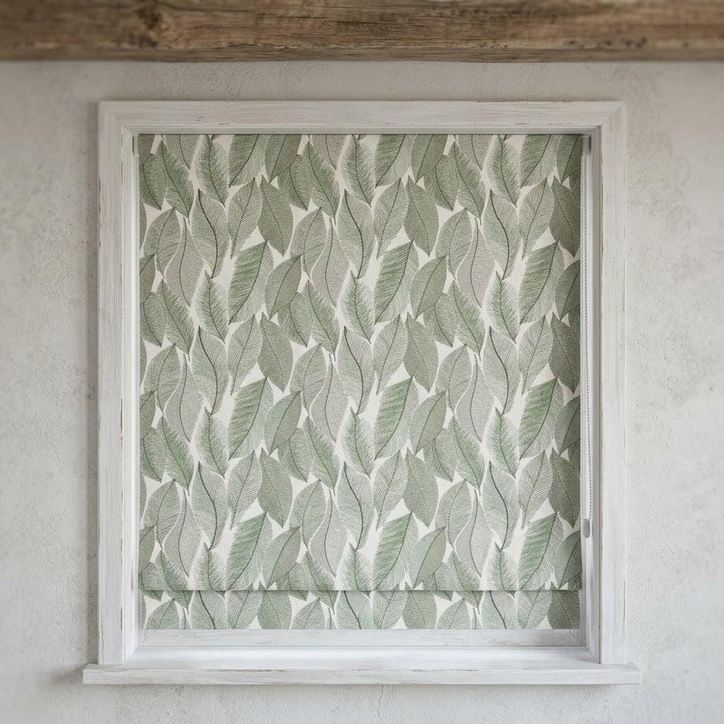 Embroidered Green Botanical Leaf Linen Roman Shade, Custom Corded Window Blind (Blackout Option)