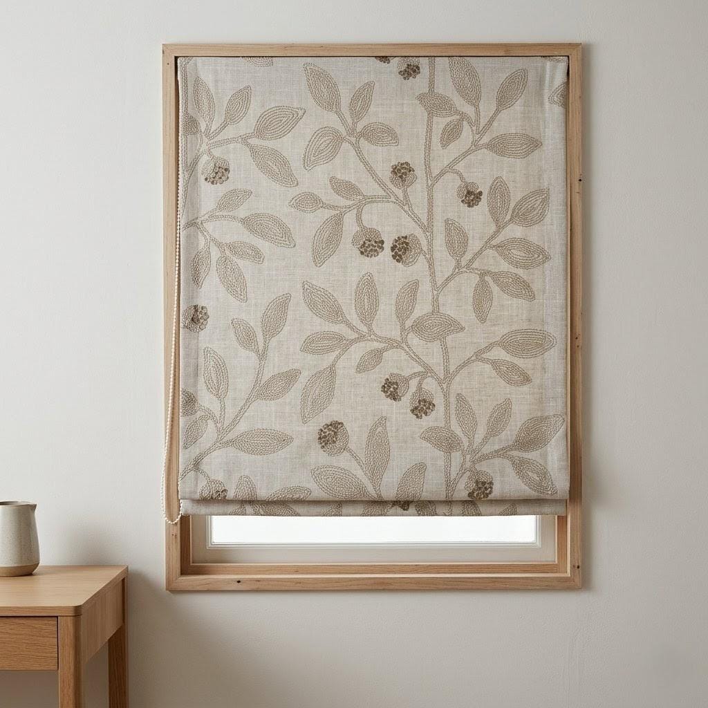 Natural Beige Embroidered Linen Roman Shade, Botanical Vine Custom Corded Blind, Blackout or Cotton Lined