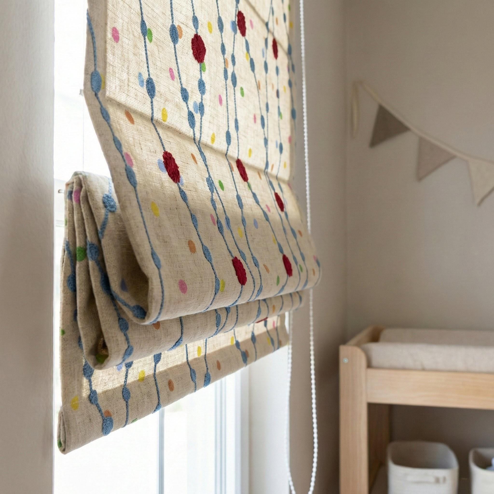 Handmade Linen Roman Shade, Blue Vine & Confetti Dot Embroidery, Nursery Blind