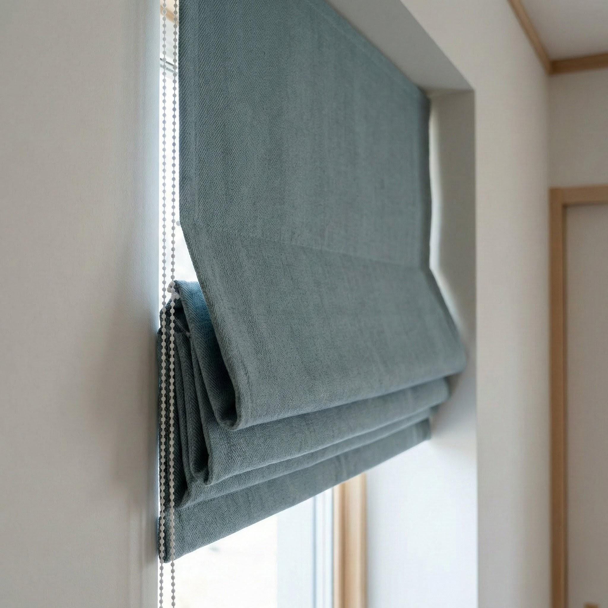 Dusty Blue Linen Roman Shade, Herringbone Corded Blind, Custom Size