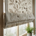Natural Beige Embroidered Linen Roman Shade, Botanical Vine Custom Corded Blind, Blackout or Cotton Lined