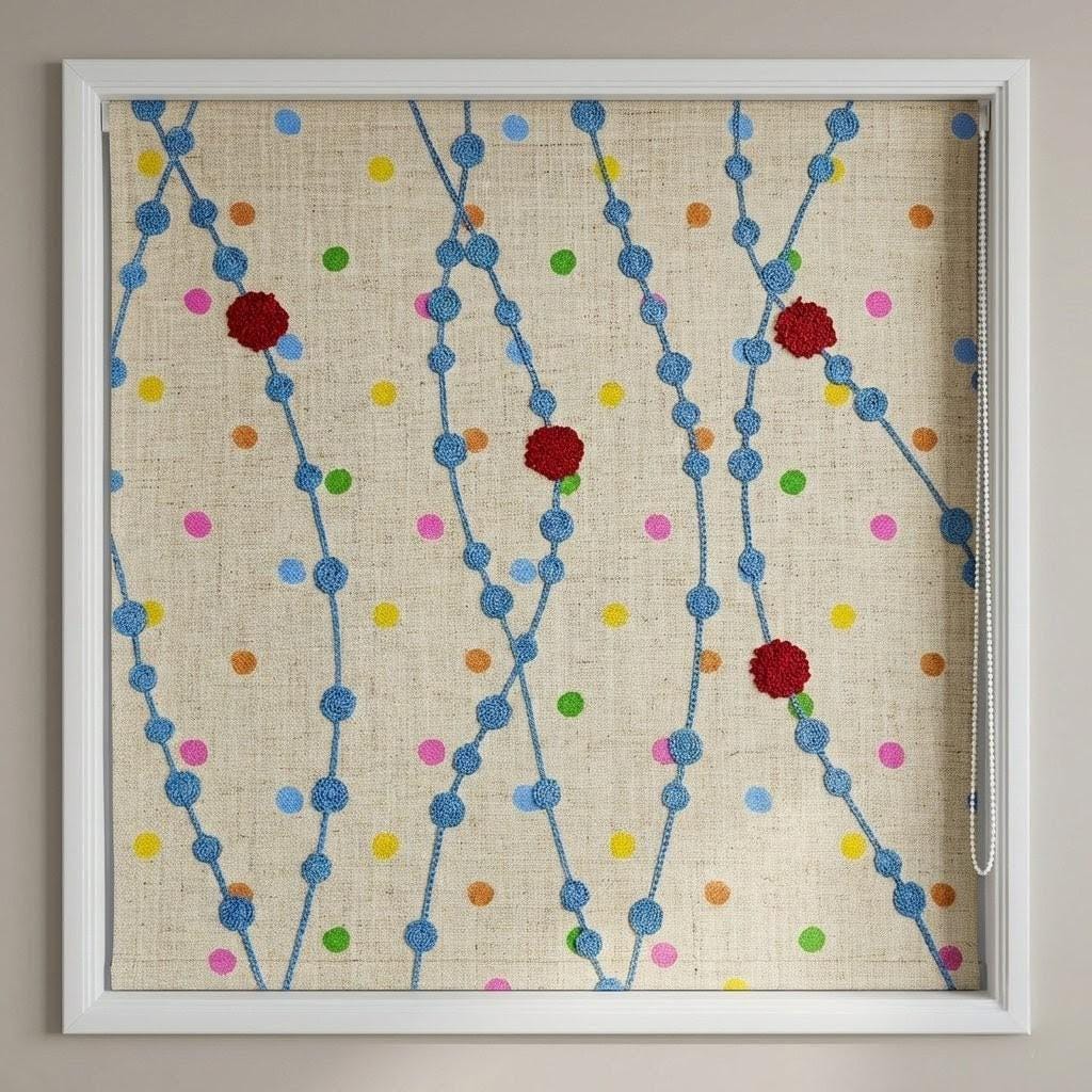 Handmade Linen Roman Shade, Blue Vine & Confetti Dot Embroidery, Nursery Blind