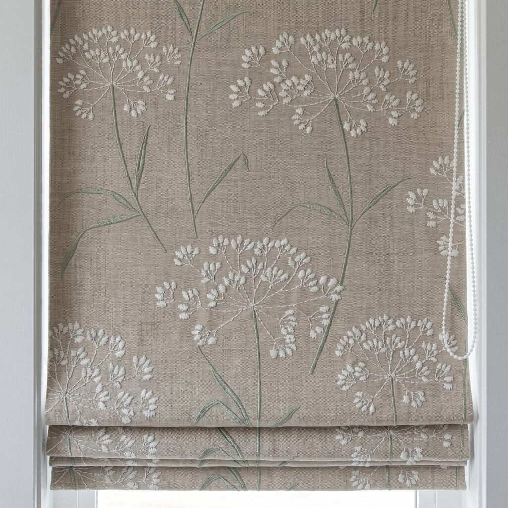 Beige Ivory Wildflower Embroidered Linen Roman Shade, Custom Blackout or Cotton Lined Corded Window Blind, Sage Floral