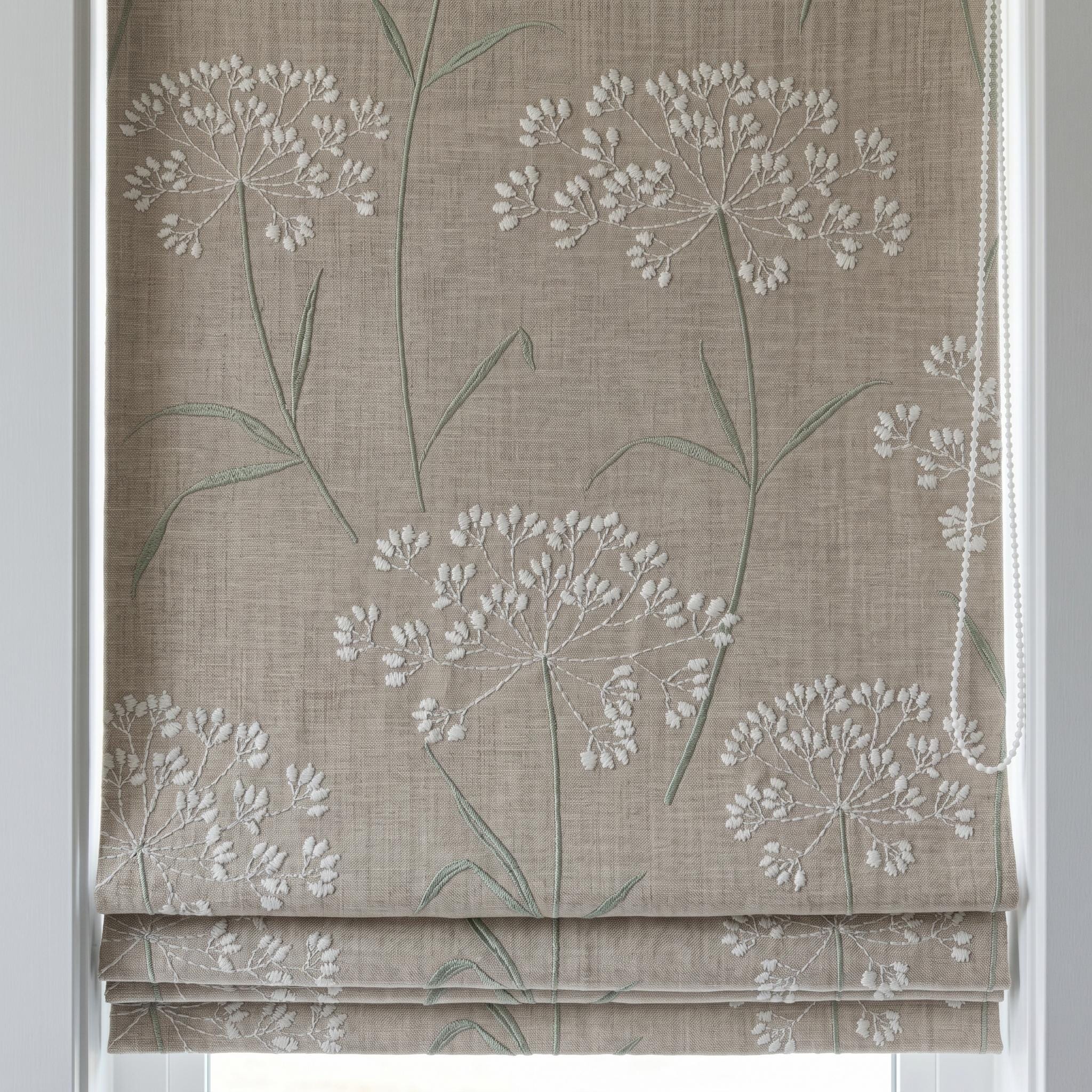 Beige Ivory Wildflower Embroidered Linen Roman Shade, Custom Blackout or Cotton Lined Corded Window Blind, Sage Floral