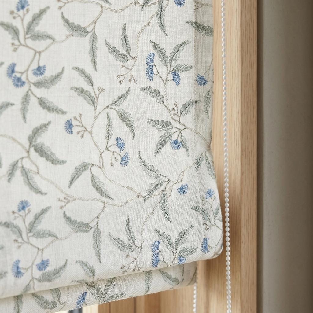 Blue Floral Embroidered Linen Roman Shade, Ivory Botanical Blind, Sage Leaf Vine Custom Roman Blind, Blackout or Light Filter