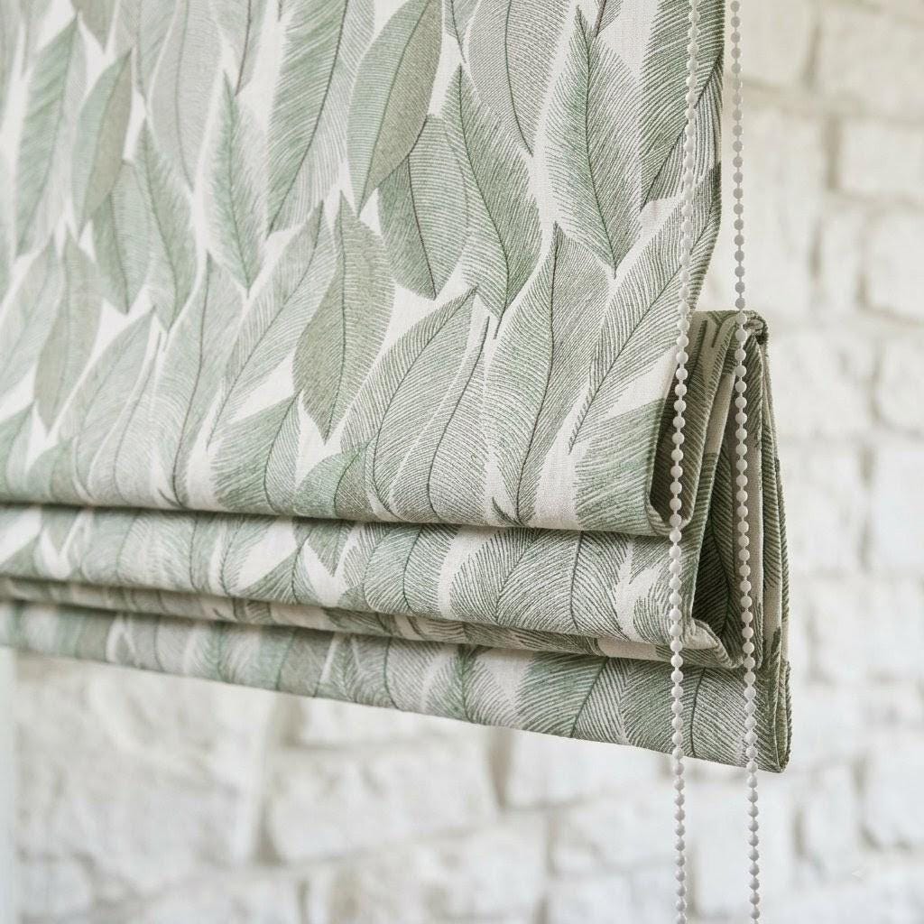 Embroidered Green Botanical Leaf Linen Roman Shade, Custom Corded Window Blind (Blackout Option)
