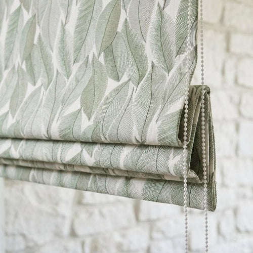 Embroidered Green Botanical Leaf Linen Roman Shade, Custom Corded Window Blind (Blackout Option)