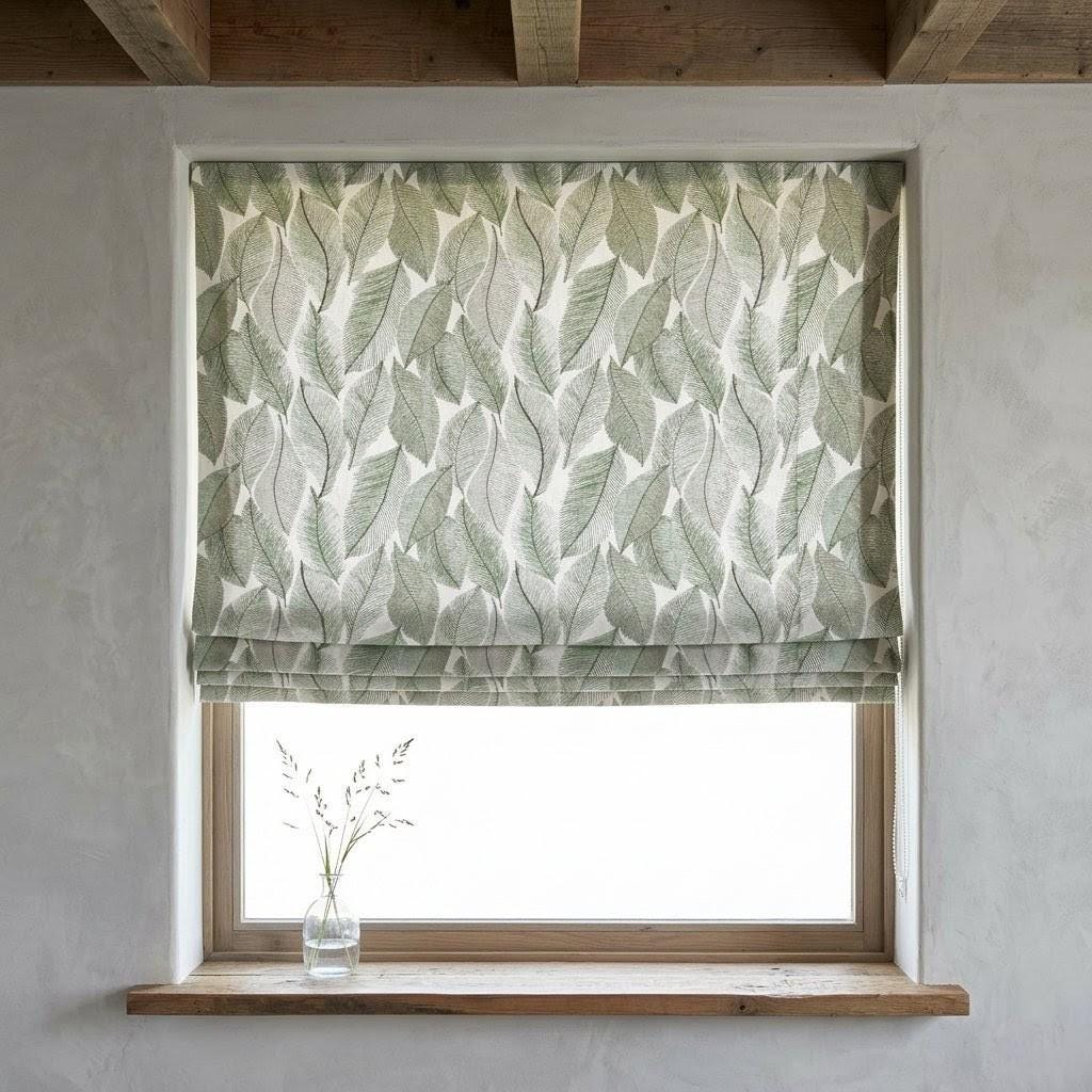 Embroidered Green Botanical Leaf Linen Roman Shade, Custom Corded Window Blind (Blackout Option)