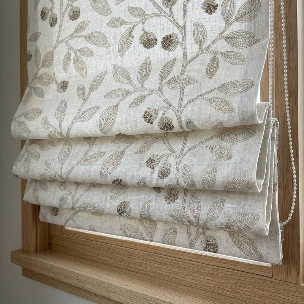 Natural Beige Embroidered Linen Roman Shade, Botanical Vine Custom Corded Blind, Blackout or Cotton Lined