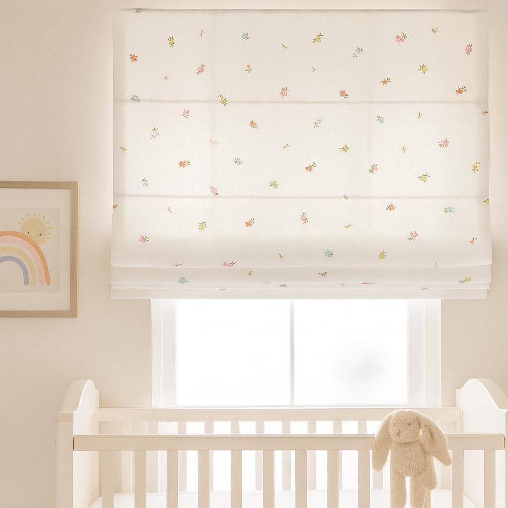 Embroidered Linen Roman Blind - Pastel Floral, Organic Nursery Shade