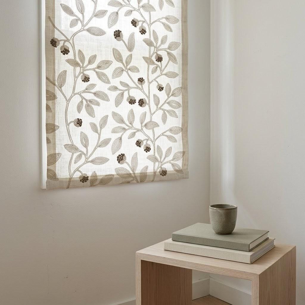 Natural Beige Embroidered Linen Roman Shade, Botanical Vine Custom Corded Blind, Blackout or Cotton Lined