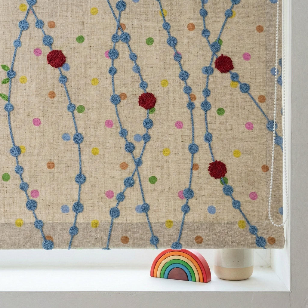 Handmade Linen Roman Shade, Blue Vine & Confetti Dot Embroidery, Nursery Blind