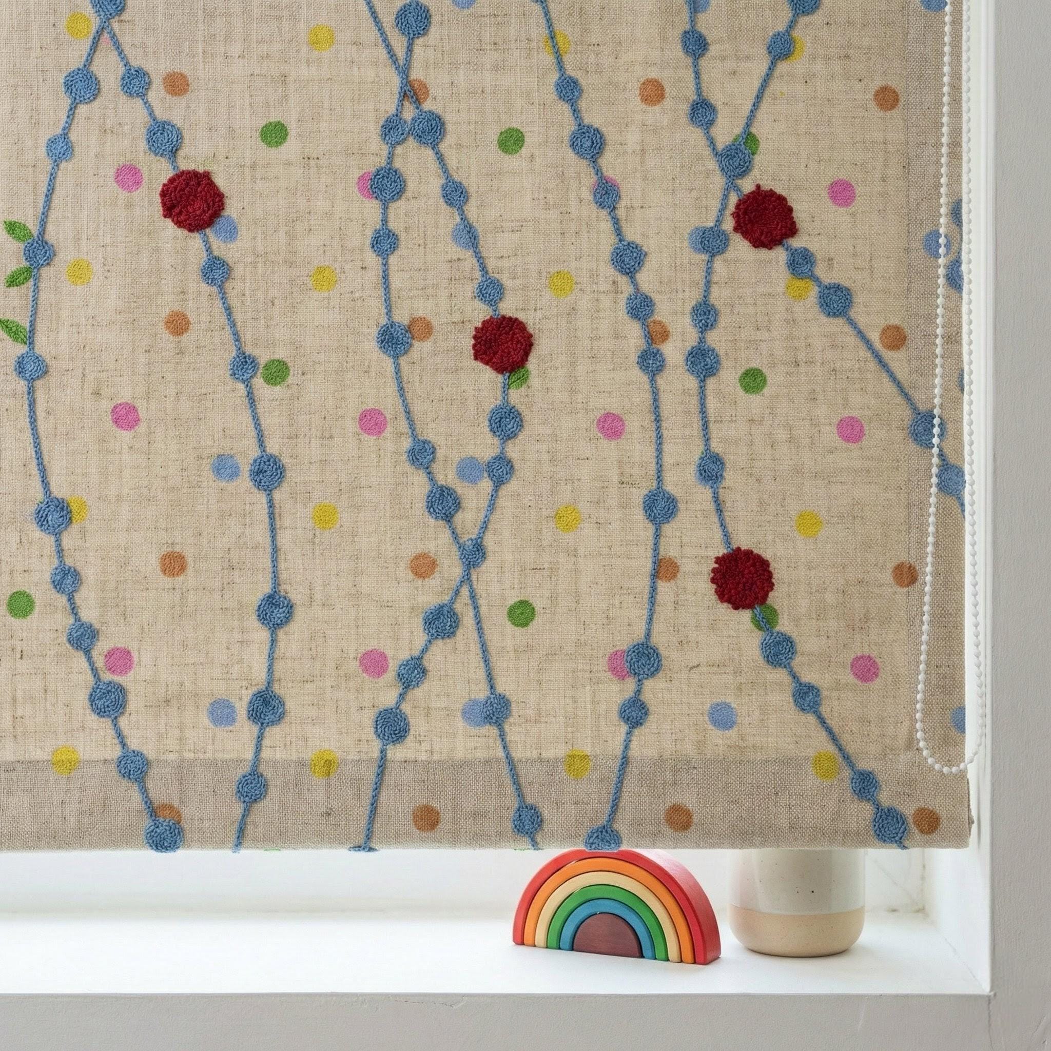 Handmade Linen Roman Shade, Blue Vine & Confetti Dot Embroidery, Nursery Blind