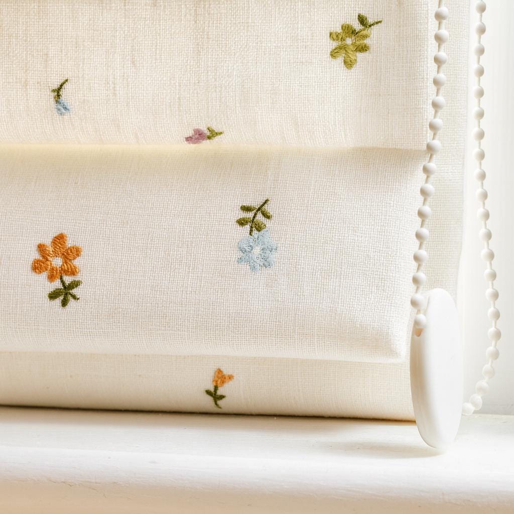 Embroidered Linen Roman Blind - Pastel Floral, Organic Nursery Shade
