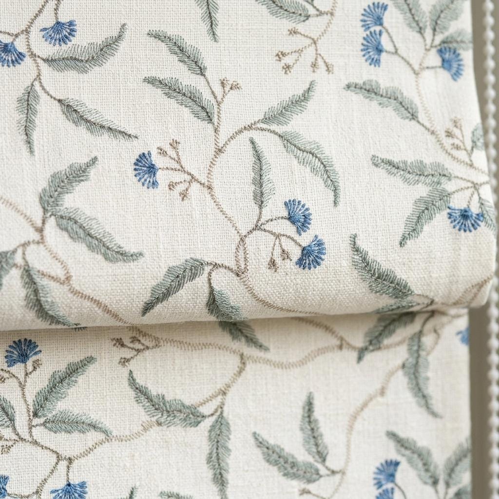 Blue Floral Embroidered Linen Roman Shade, Ivory Botanical Blind, Sage Leaf Vine Custom Roman Blind, Blackout or Light Filter