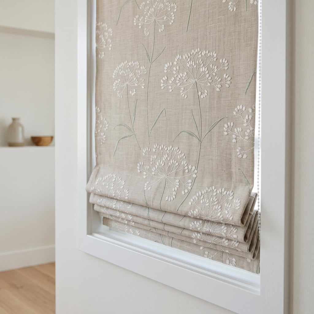 Beige Ivory Wildflower Embroidered Linen Roman Shade, Custom Blackout or Cotton Lined Corded Window Blind, Sage Floral