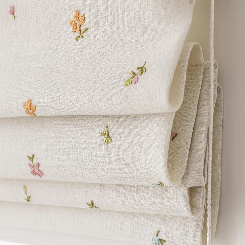 Embroidered Linen Roman Blind - Pastel Floral, Organic Nursery Shade