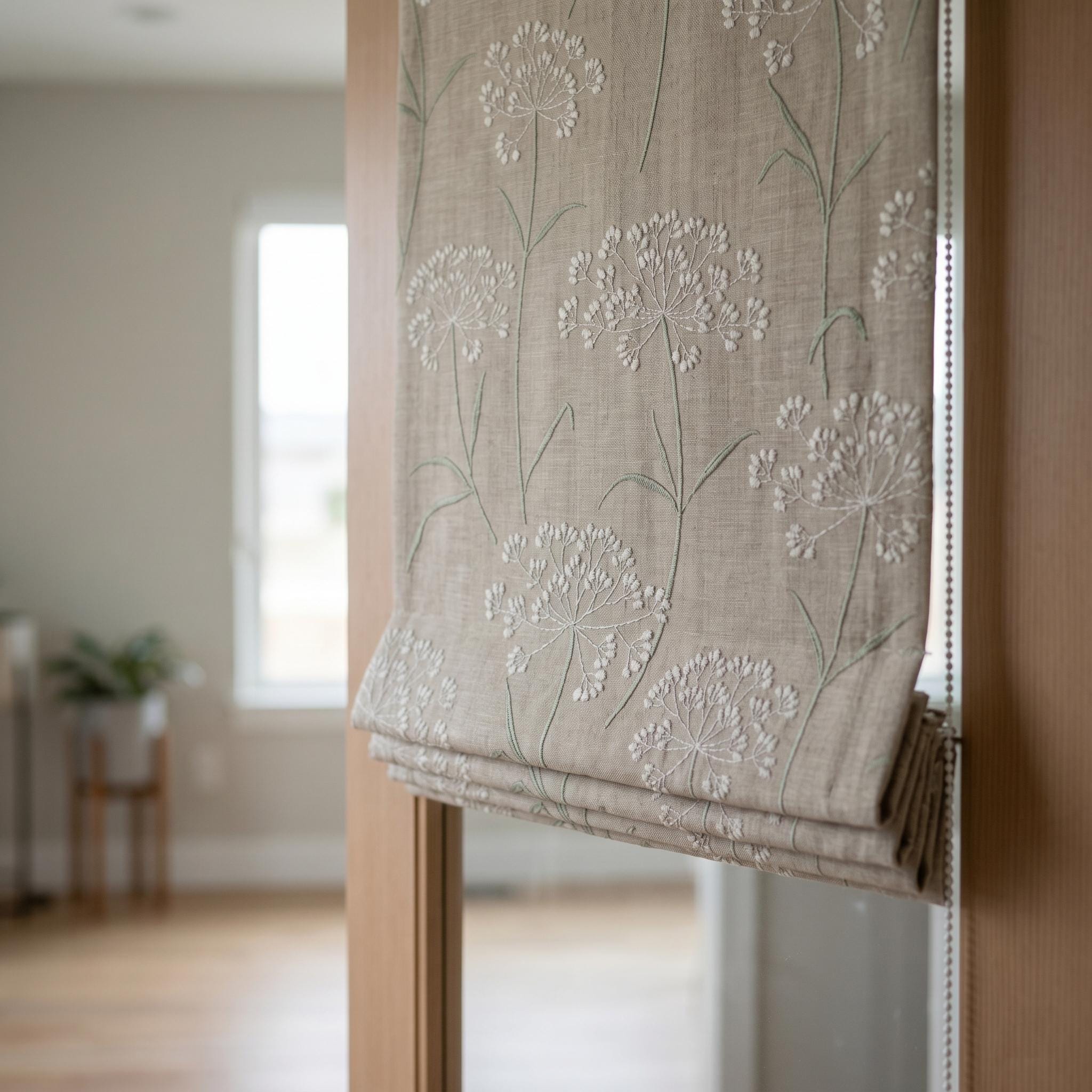 Beige Ivory Wildflower Embroidered Linen Roman Shade, Custom Blackout or Cotton Lined Corded Window Blind, Sage Floral