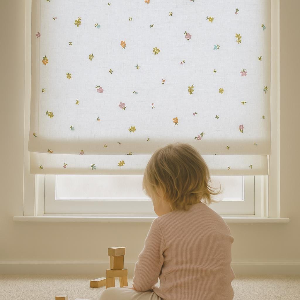 Embroidered Linen Roman Blind - Pastel Floral, Organic Nursery Shade