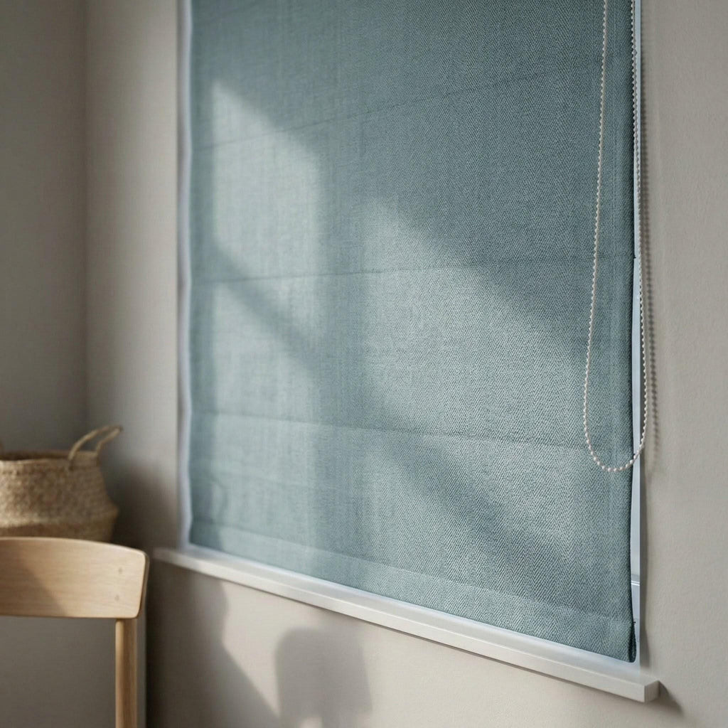 Dusty Blue Linen Roman Shade, Herringbone Corded Blind, Custom Size