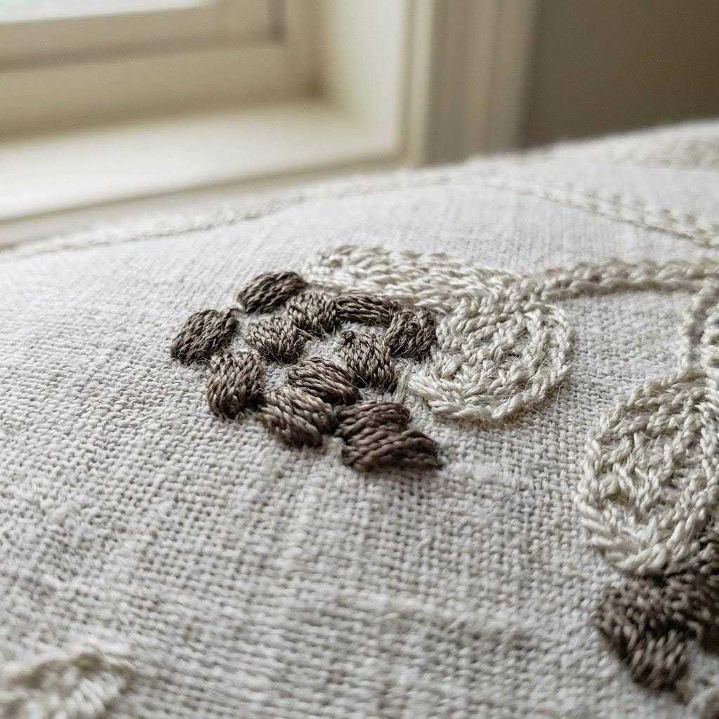 Natural Beige Embroidered Linen Roman Shade, Botanical Vine Custom Corded Blind, Blackout or Cotton Lined