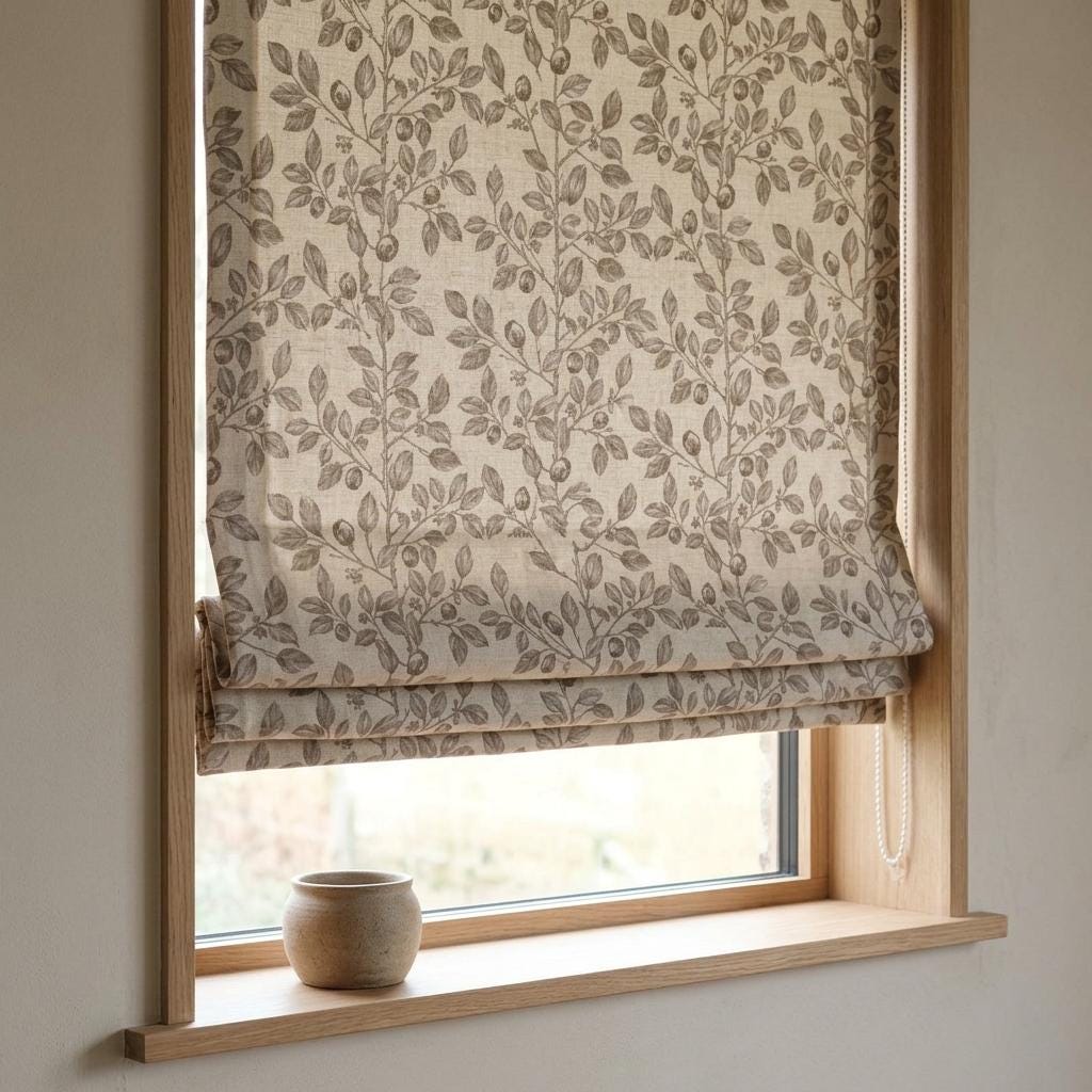 Taupe Botanical Berry Linen Roman Shade, Custom Corded Roman Blind, Neutral Floral Vine Window Shade, Blackout or Lined