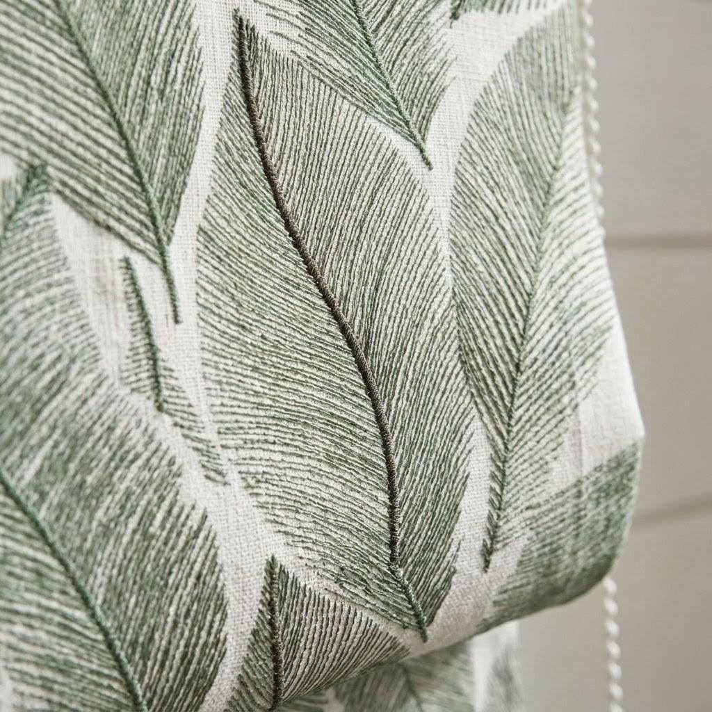 Embroidered Green Botanical Leaf Linen Roman Shade, Custom Corded Window Blind (Blackout Option)