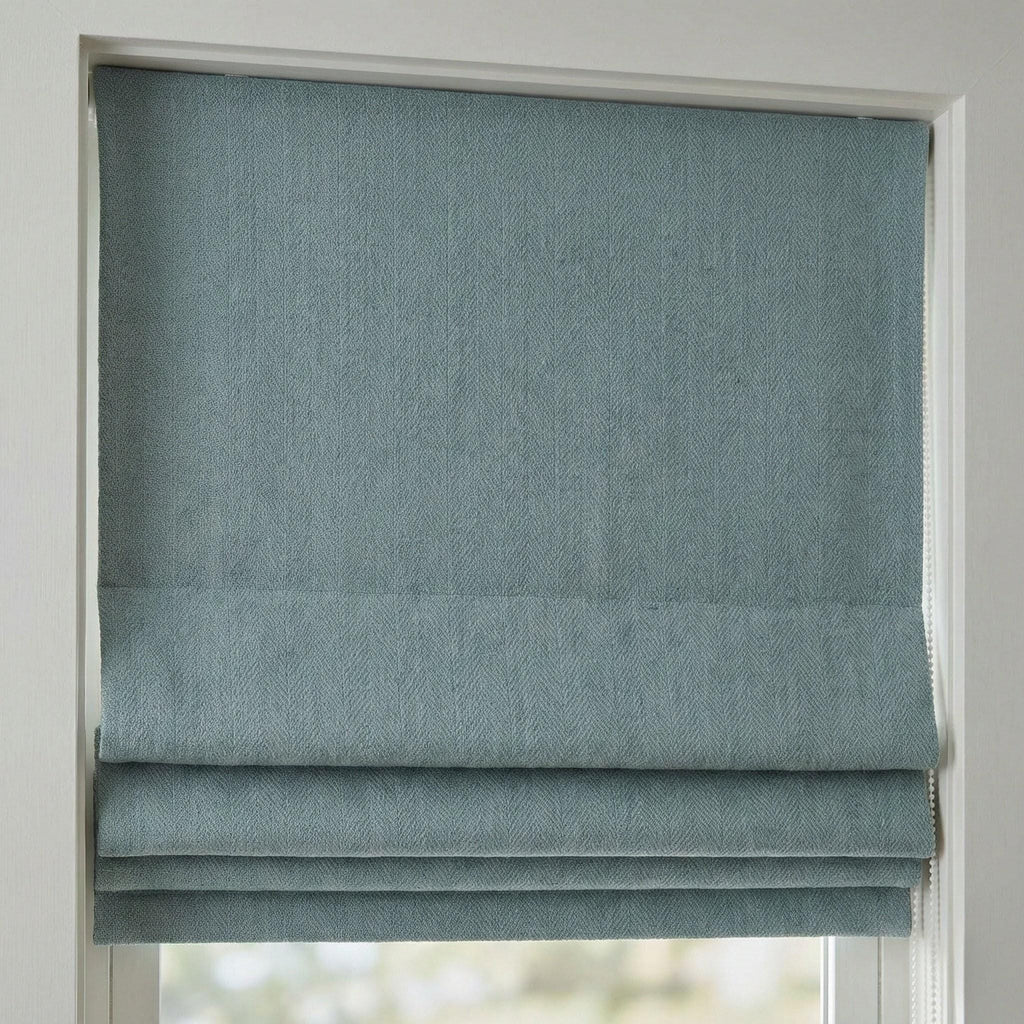 Dusty Blue Linen Roman Shade, Herringbone Corded Blind, Custom Size