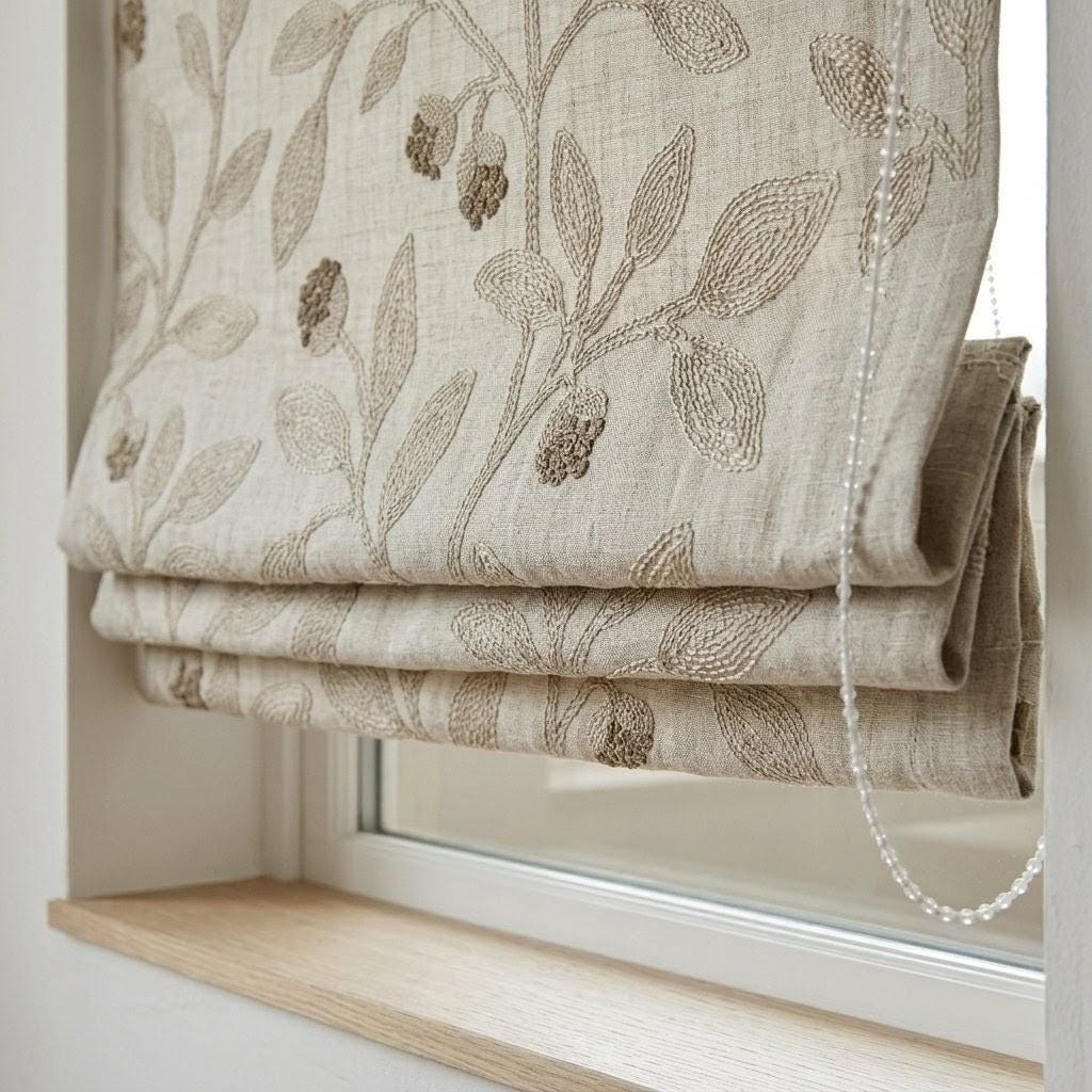 Natural Beige Embroidered Linen Roman Shade, Botanical Vine Custom Corded Blind, Blackout or Cotton Lined