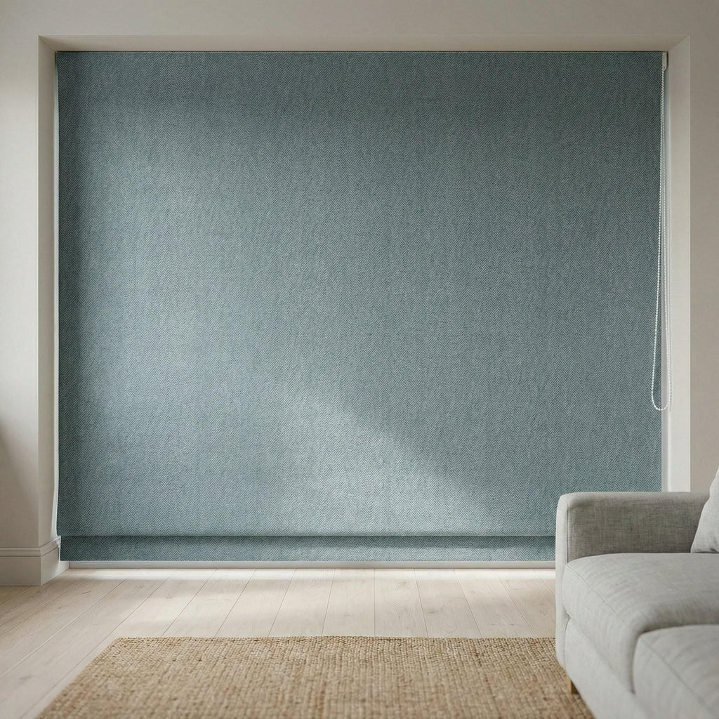 Dusty Blue Linen Roman Shade, Herringbone Corded Blind, Custom Size