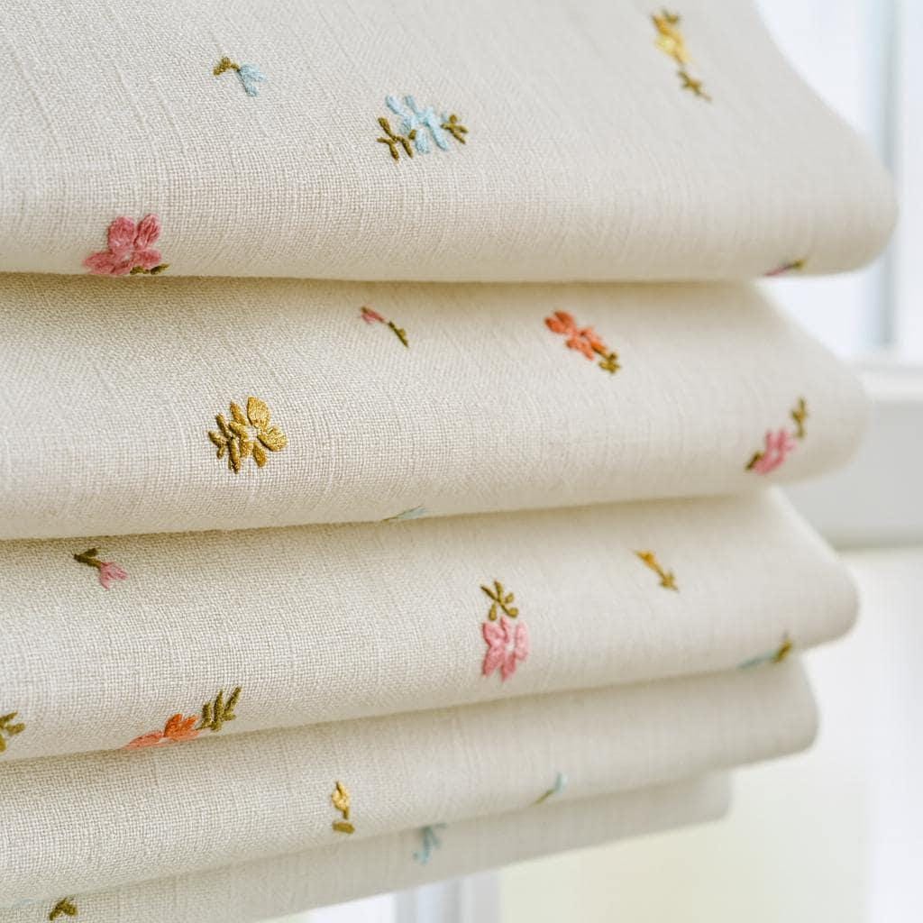 Embroidered Linen Roman Blind - Pastel Floral, Organic Nursery Shade