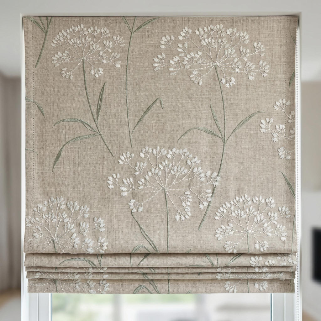 Beige Ivory Wildflower Embroidered Linen Roman Shade, Custom Blackout or Cotton Lined Corded Window Blind, Sage Floral